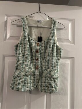 Fashion Nova Green & Cream Tweed Button Vest